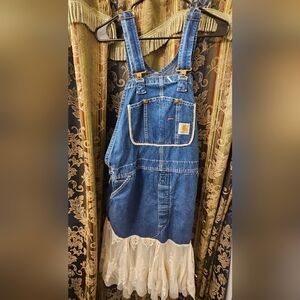 Free People Carhartt Blue Denim Overall Dress with Cream Lace, Handmade